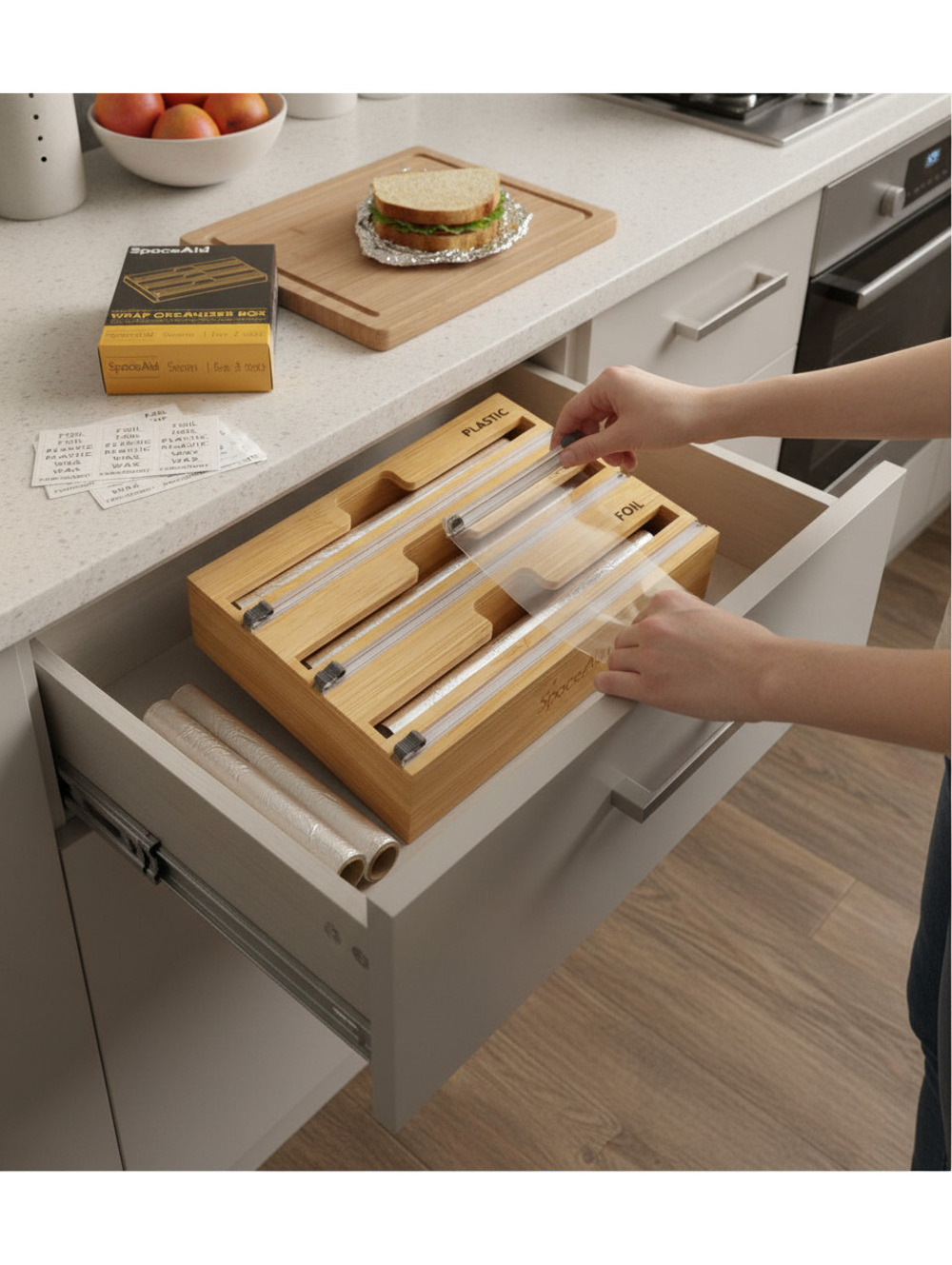 SpaceAid WrapNeat 3-in-1 Bamboo Wrap Organizer with Cutter and Labels for 12" Rо